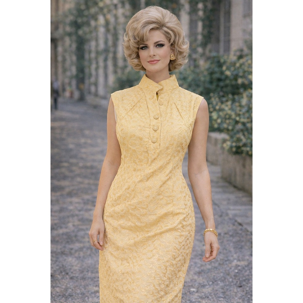 Vintage 60s Yellow Jacquard Sheath Dress Mandarin Collar Sleeveless Wiggle Knee